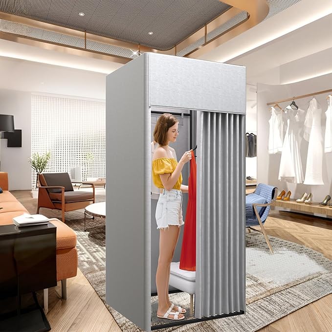 Clothing Store Fitting Room, Portable Dressing Room, Movable Changing Room for Boutique with Shading Fabric Cloth Privacy Curtains Screen for Bar Party Pool (Grey)