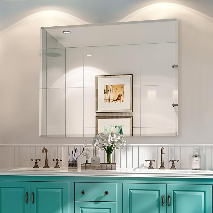 Mirrorons Beveled Mirror, Wall Mirror 40" x 32", Frameless Rectangle Bathroom Mirror with Beveled Edge, Hangs Horizontally or Vertically. Rounded Corner Tempered