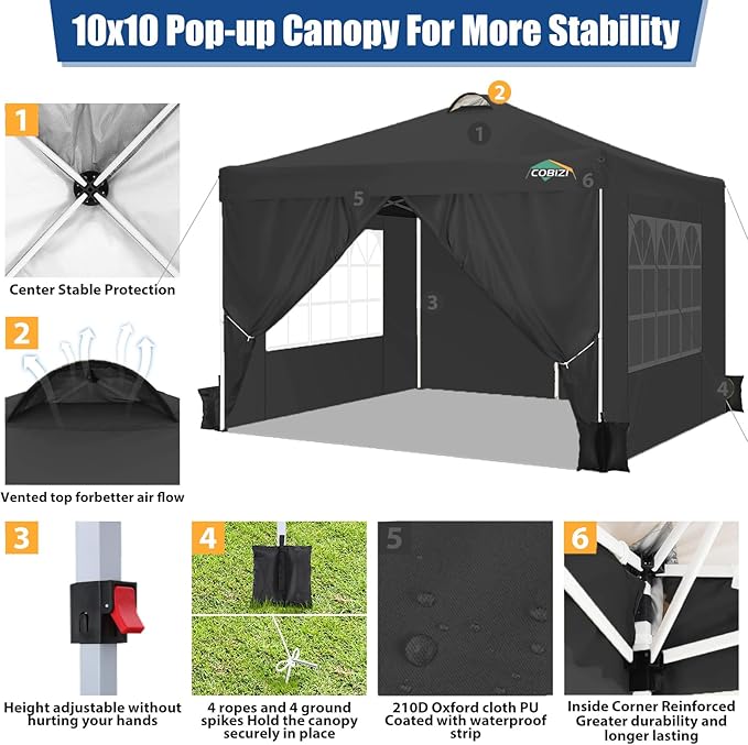 COBlZI 10x10 Pop Up Canopy Tent with 4 Removable Sidewalls，One Push Setup Waterproof Commercial Gazebo Tent with Air Vent, 4 Sandbags，4 Stakes & 8 Ropes（Tents for Party/Exhibition-Black