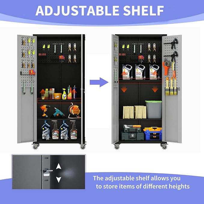 Metal Garage Storage Cabinet on Wheels, Lockable Rolling Tool Cabinet with Doors and Adjustable Shelves, Heavy Duty Mobile Tool Cabinets for Garage Warehouse Workshop