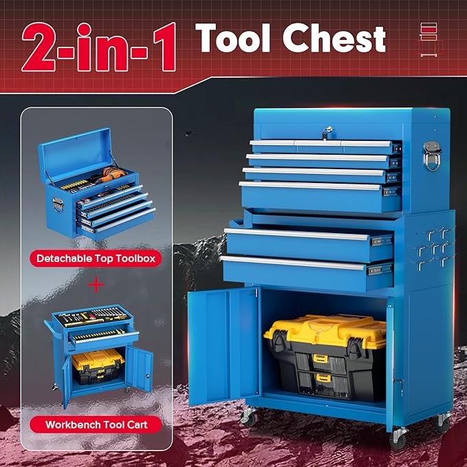 Superday Metal Tool Chest, 8 Drawer Rolling Tool Chest with Wheels, Detachable Tool Storage Cabinet with Lock for Garage, Steel Tool Cart with Liner & Hooks for Workshop, Warehouse (Blue)
