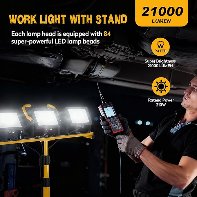 21000Lumen LED Work Lights with Stand, 3 Head Portable Work Light with 16ft Cord, Ip66 Waterproof Tripod Outdoor Work Light for Job Site Workshop Garage Construction Lights