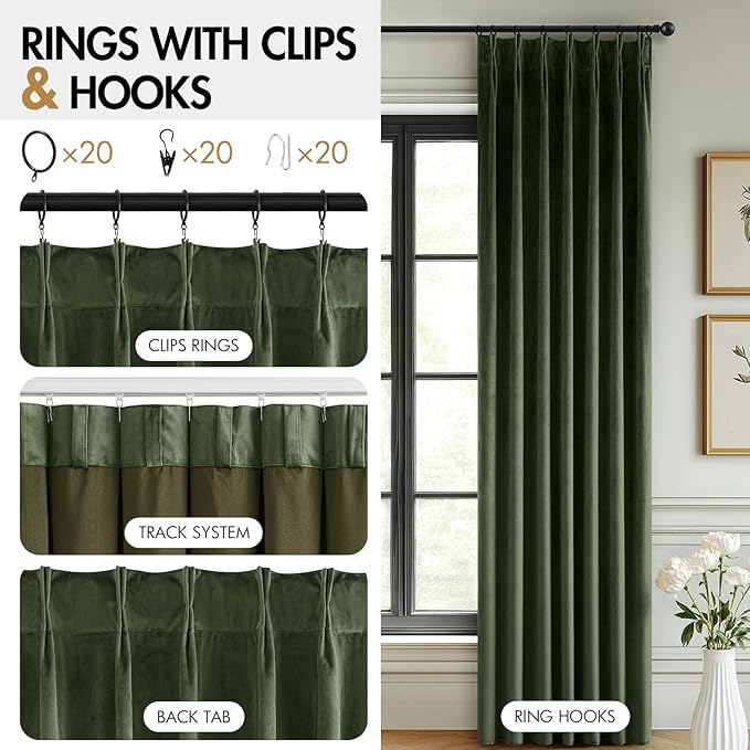 MIULEE Olive Green Velvet Curtains 90 inches Long, Pinch Pleated Blackout Drapes with Hooks, Thermal Insulated Pinch Pleat Panels for Bedroom Living Room, 2 Panels