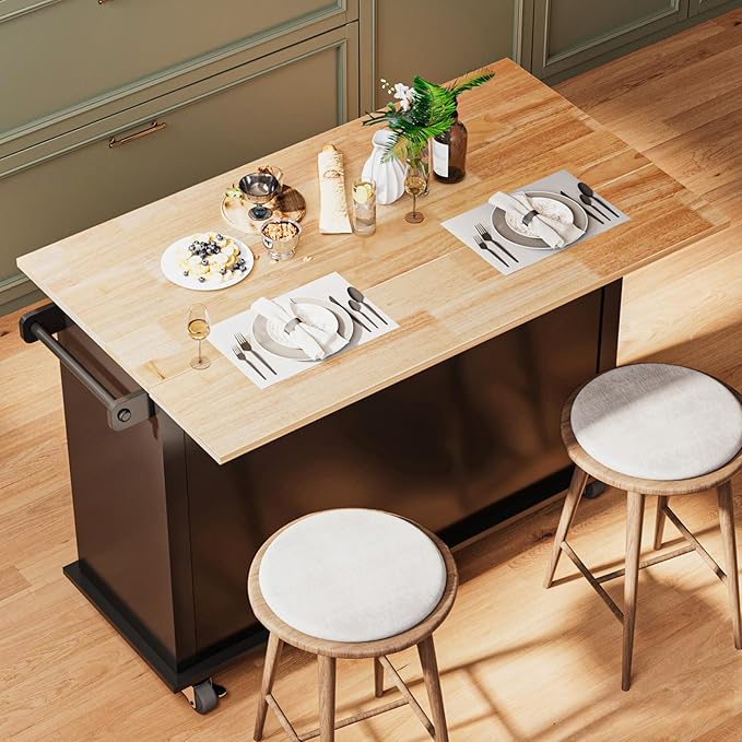 51.2'' Rolling Kitchen Island Cart with Drop Leaf Countertop, Kitchen Carts on Wheels with Storage, 2 Drawers, Towel Rack Island for Dining Room, Black