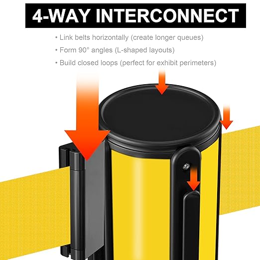 OangeStar 4-Pack Commercial Crowd Control Stanchions with 10ft Retractable Belt, Heavy Duty Queue Barriers for Events, Black Rubber Base Post for High Traffic Areas, Banks & Retail Stores, Yellow