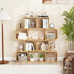 Giantex S-Shaped Bookcase, 4-Tier Bamboo Bookshelf with 4 Open Cubes, Geometric Corner Display Shelf, Decorative Storage Organizer, Floor Storage Rack for Living Room, Home Office, Natural
