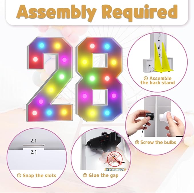 Marquee Numbers Colorful 28th Birthday Decoration: 4FT Large Light Up 28 Year Old Birthday Decorations Anniversary Backdrop Cardboard Sign 18 Colors Number 28 Mosaic Balloon Frame