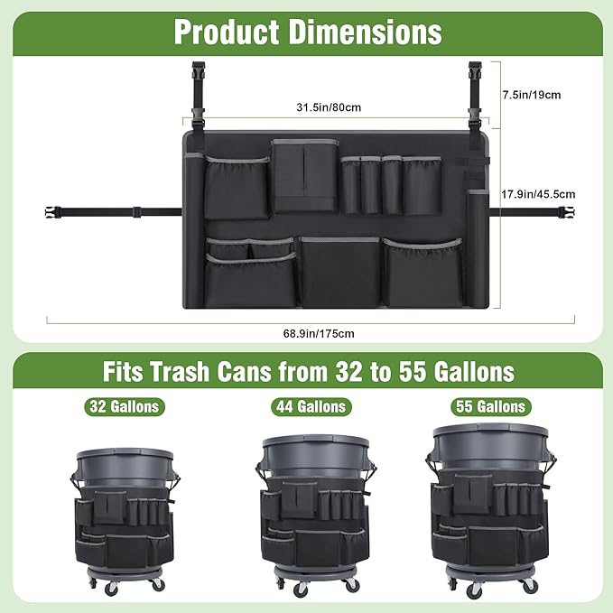 6PCS Trash Can Caddy Bags Fit 32-55 Gallon Garbage Bin, Garbage Bin Caddy Bag with 13 Pockets Compatible with Brute & Uline, Commercial Cleaning Supplies Organizer Bag & Janitorial Duties(6PCS)