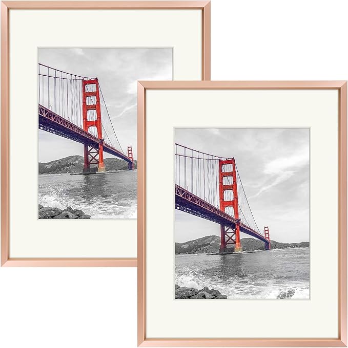 Frametory, 11x14 Metal Picture Frame with Mat for 8x10 Picture & Real Glass, Aluminum Photo Frame Collection (Rose Gold, 2 Pack)