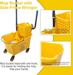 Kefanta 35 Qt Side Press Wringer Combo Commercial Mop Bucket on Wheels Set,Yellow,Include 1 Heavy Duty Industrial Mop for Floor Cleaning and Wet Floor Caution Sign