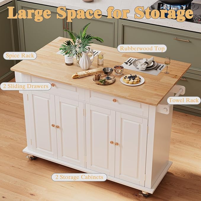 51.2'' Rolling Kitchen Island with Drop Leaf - Kitchen Carts on Wheels with Storage, Towel Rack, Drawers Island Table for Kitchen, Dining Room, White