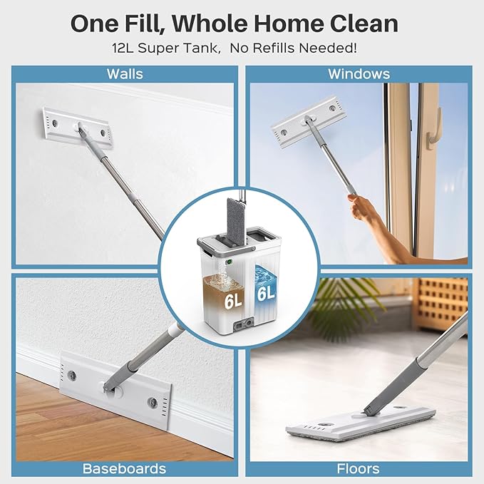 Mop and Bucket Set with AUTO Pump, 3-Zone Separate Dirty and Clean Water Floor Mop, Flat Mop and Bucket System with Wheels and Wringer, 4 Reusable Pads, One-Touch Water Filling for Floor Cleaning