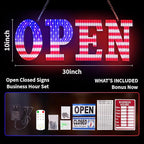 30"x10" Large LED Open Sign for Business - Unique Design super Bright Open Signs With chain - High Visibility for Stores, Bar, Hotel, Retail Shops,Window, Salon, Restaurant, Office (American Flag, 30x10)