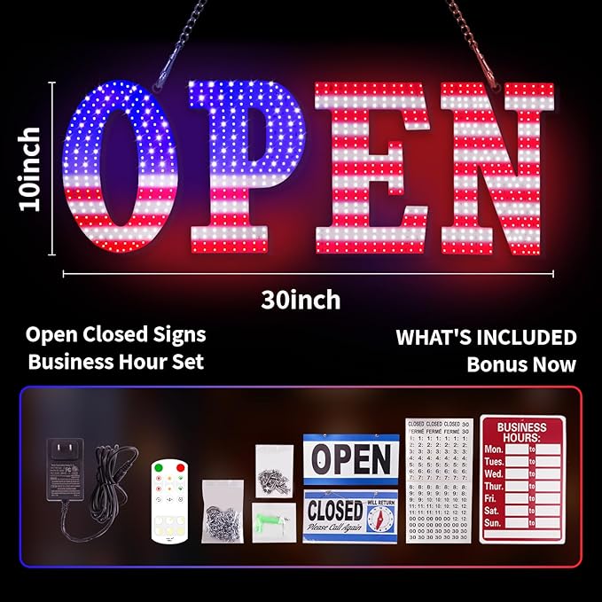 30"x10" Large LED Open Sign for Business - Unique Design super Bright Open Signs With chain - High Visibility for Stores, Bar, Hotel, Retail Shops,Window, Salon, Restaurant, Office (American Flag, 30x10)