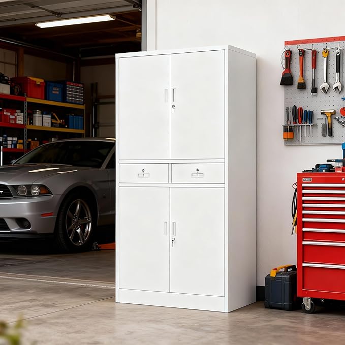 BESFUR 71“H Metal Storage Cabinet with 2 Lockable Drawers and 2 Lockable Doors, Metal Cabinet with 2 Adjustable Shelves, Locking Cabinet for Garage, Office, Classroom - White