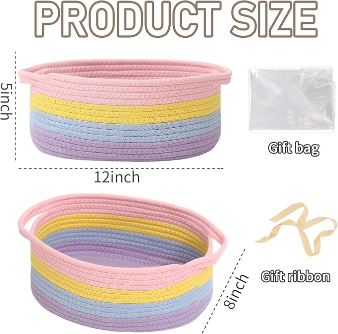 Woven Basket,Small Rope Storage Bin with Handles & Ribbon Bag, Organizer for Shelves Closets,Gift Basket Empty for Birthday,Books,Dog Toys, Rainbow/3 Pack