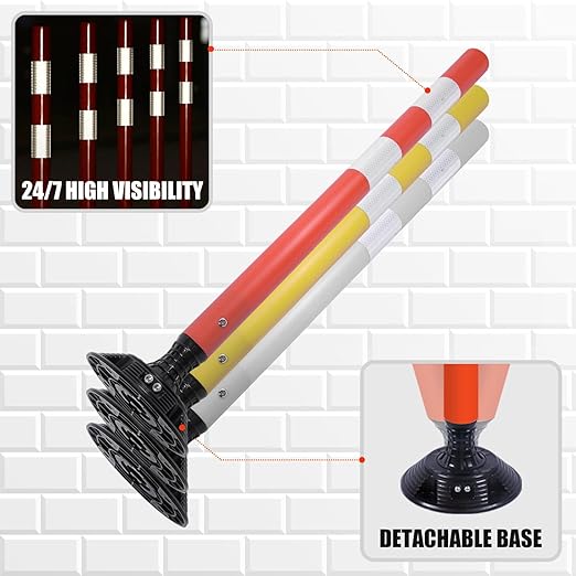 8 Pack Traffic Delineator Post Cones, High Visibility 3M Reflective Tapes, Flexible Spring Post with Detachable Base, for Highway Road Safety, Garage, Parking Lot (White, 36")