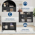 PioneerWorks 73" Arched Metal Storage Cabinet with Glass Door | 2 Adjustable Shelves | Arch-Top Storage Unit for Pantry, Living & Dining Rooms - Dark Black with Legs