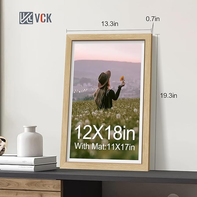 VCK 12x18 Picture Frame 5 Pack - Natural Oak, High-End Wood Poster Frames with Tempered Glass, Display 11x17 Photo with Mat or 12x18 without Mat, Art Gallery-Quality, Wall Hanging, Natural Oak