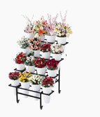 Zhongma Flower 4 Tier Display Stand with 16pcs White Plastic Buckets for Fresh Flowers Heavy Duty Garden Cart Moving Flower Bucket Stand with Wheels.