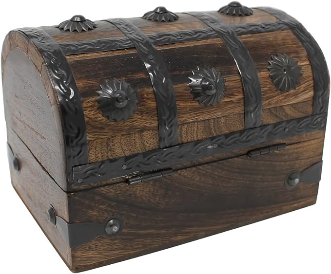Nautical Cove Treasure Chest Keepsake and Decorative Wood Box (Medium 6.5x4.5x4.5) - Storage Box, Wooden Box with Hinged Lid, Rustic Storage, Pirate Storage Box, Vintage Wooden Chest