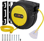 VEVOR Retractable Extension Cord Reel, 65 FT, Heavy Duty 12AWG/3C SJTOW Retractable Power Cord with Lighted Triple Tap Outlet, 15 Amp Circuit Breaker 180° Swivel Bracket for Ceiling or Wall Mount