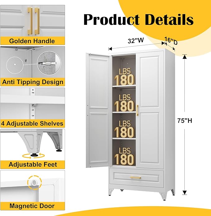 75" Kitchen Pantry Cabinet with Drawer, Metal Storage Cabinets with Doors and 4 Adjustable Shelves,White Kitchen Cabinet with 2 Gold Handles,Food Cupboard for Livingroom,Pantry, Bathroom