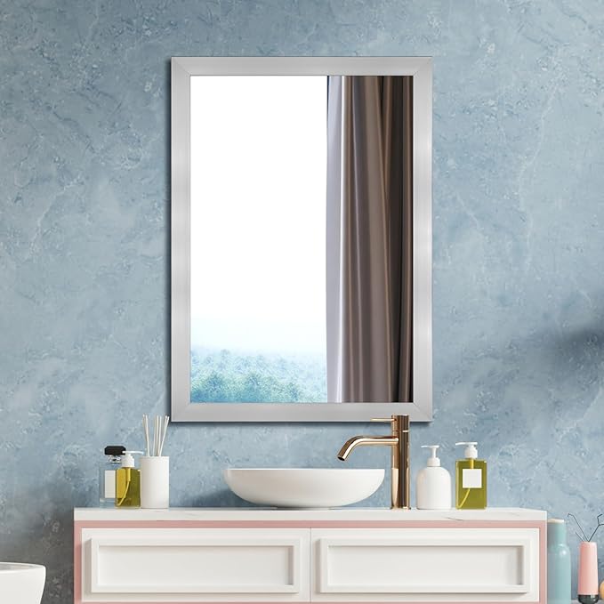 Ruomeng Bathroom Mirror 20" x 28" Rectangular Wall Mirror for Over Sink Feamed Mirror for Entryway, Bedroom, Living Room, Nickel