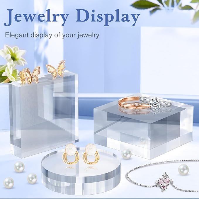 Acrylic Blocks 3 X 3 X 1 Inch 8 Pcs Acrylic Base Stand for Display Clear Block Square Riser Display Stands Pedestal Polished Cube for Jewelry trophy Props Collection Ring