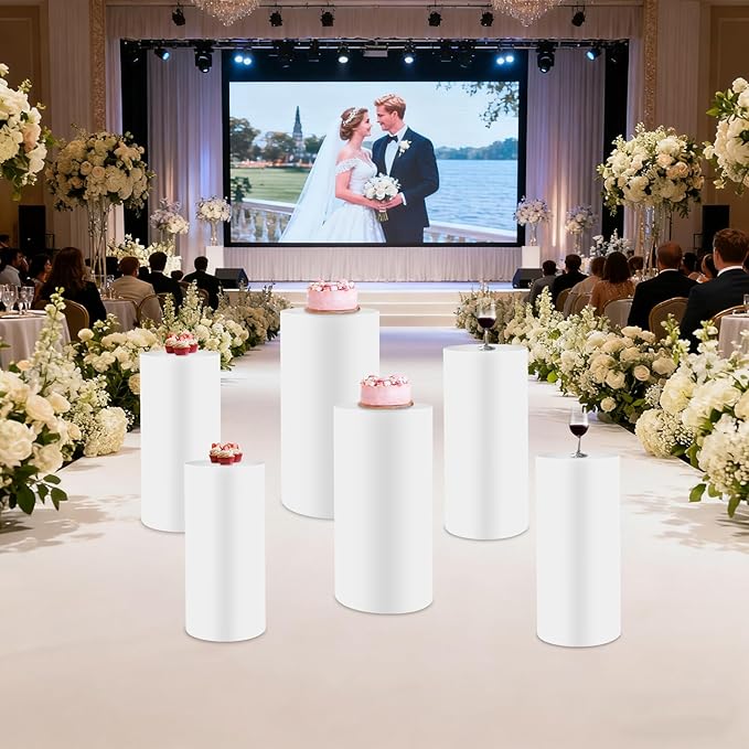 Eapmic Pedestal Stands for Party, Cake Pedestal Stand, Dessert Table Display Plinth Pillars, Sculpture Display Column Decoration Cube for Wedding Birthday (White, Cylinder-6Pcs(27.56"+26"+23.62"))