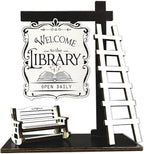 Welcome to the Library Sign Miniature Signpost Self-standing Kit, Mini Booknook Sign with ladder and Bench Scene Display, Bookcase Accessories Decor Gift for Book-themed Club Book Lover