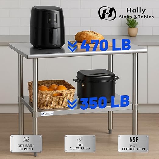 Hally Stainless Steel Table for Prep & Work 30 x 36 Inches, NSF Commercial Heavy Duty Table with Undershelf and Galvanized Legs for Restaurant, Home and Hotel