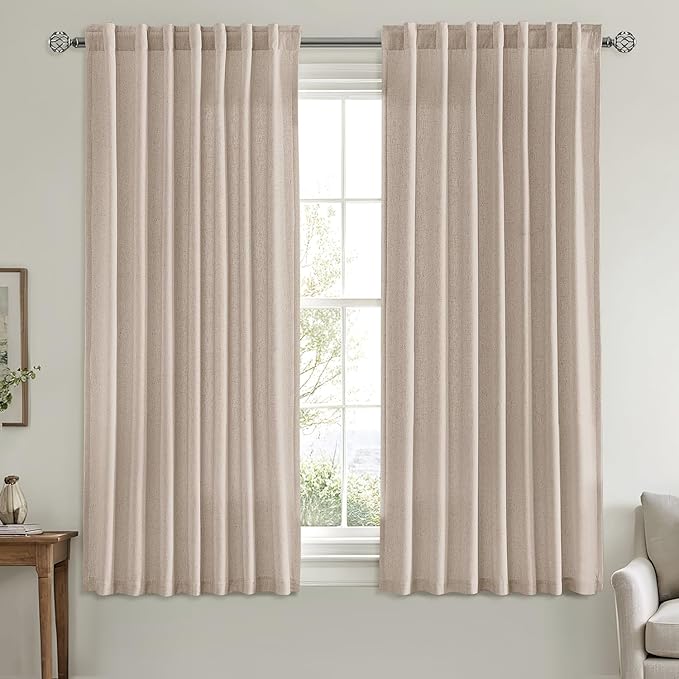 MIULEE Non-See-Through Privacy Linen Curtains 2 Panels, Light Filtering Window Curtains Farn House Textured Back Tab Semi Sheer Drapes for Bedroom Living Room, 52 x 63 Inches Long, Burlywood