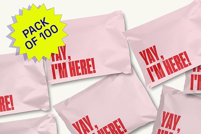 Poly Mailers 14x19 – 100 Pack – Cute Printed Recyclable Shipping Envelopes for Small Business Packaging, Self Sealing Mailing Bags – Yay I’m Here Pink/Red Design