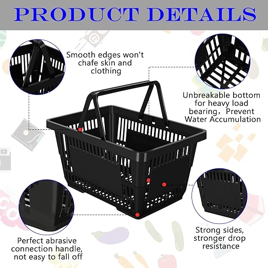 Macarrie 12 Pcs Shopping Baskets, 20 L Plastic Baskets with Handles, 16.9 x 11.8 x 9.1 Inches, Sturdy, Black