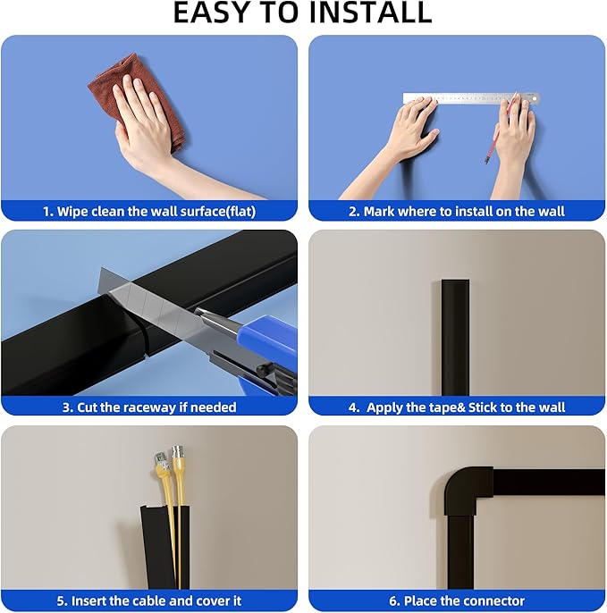 Delamu 142in Black Cord Hider Cable Hider, Cord Covers for 2-3 Wires on Wall, Premium Wire Hiders Wire Covers for Cords on Wall, Easier Setup TV Cable Cover Management Kit, W0.94 H0.47in, Black