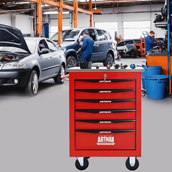 6-Drawer Heavy-Duty Rolling Tool Chest with Wheels & Steel Roof, Lockable Tool Chest Storage Cabinet for Garage, Workshop, Warehouse, and Repair Shop
