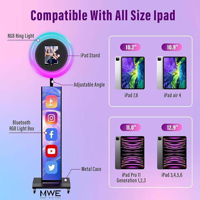 JIYANG Portable Photo Booth Compatible with Any Ipad,Photo Booth Stand Shell with ChackTok PhotoBooth VIP Member and Flight Case,Free Custom Logo,Perfect for Parties,Wedding and Events,Honeycomb Case