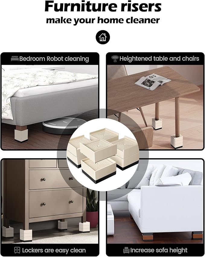 Furniture Risers, Tclouda Bed/Sofa/Desk/Table/Chair Leg/Fridge Lifts to 1.5, 3 and 4 in, Square Adjustable Risers Blocks for Extenders, Heavy Duty Supports Up to 1300 Lbs, 4 in-Apricot-Square