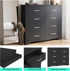 LINSY HOME 8 Drawer Double Dresser, Black Dresser for Bedroom, Modern Dresser Chest with Wide Drawers, Wood Storage Chest of Drawers for Living Room