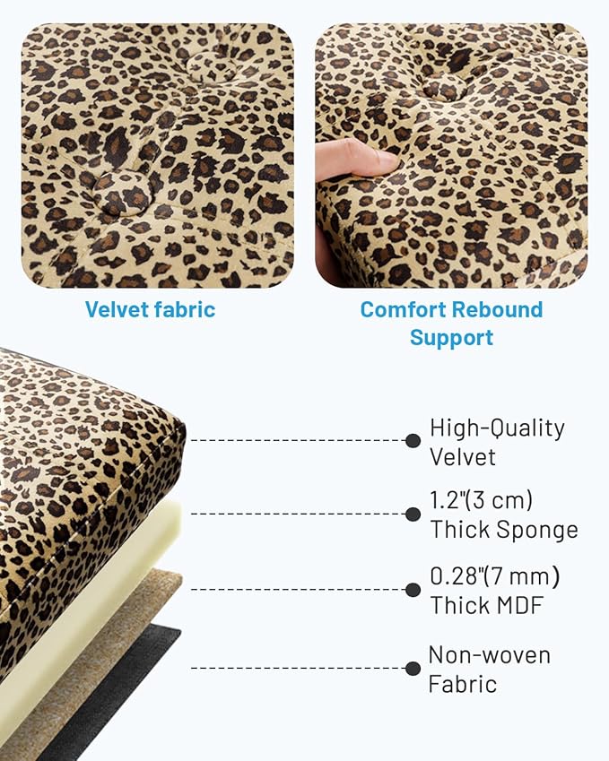 Storage Ottoman Foot Rest Stool, Small Velvet Storage Ottomans Bench, Folding Footstool with Side Pockets, Foot Rest Under Desk for Living Room Bedroom, 17x13x13 in, Leopard Print 2 Pack