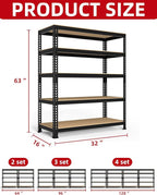 PrimeZone 32"W x 16"D x 63" H Storage Shelves - 4 Pack 5 Tier Adjustable Garage Storage Shelving, Heavy Duty Metal Storage Organizer Utility Rack Shelf Unit for Warehouse Pantry Closet Kitchen, Black