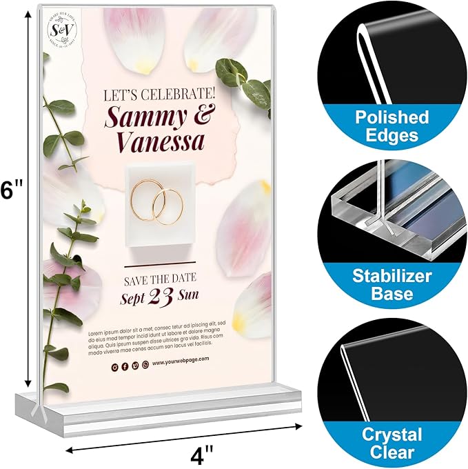 Acrylic Sign Holder 4x6, 20 Pack Clear Table Vertical Double Sided Table Menu Display, Plastic Desktop Picture Frames Stand Acrylic Paper Holder Tabletop Sign Holder for Wedding Office Show Fair