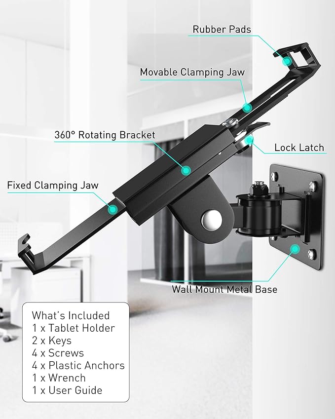 AboveTEK Tablet Wall Mount -360° Rotation iPad Wall Holder for Retail & Business, Anti Theft iPads Stand Fits 7"-11" Tablets Including iPad Pro/Air/Mini, Galaxy Tab - Security Lock & Key - (Black)