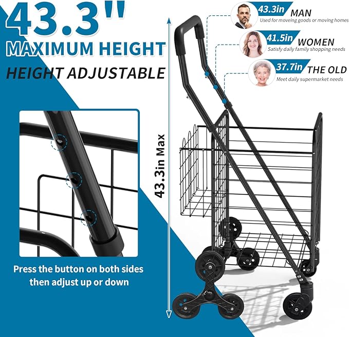Grocery Shopping Cart with Waterproof Liner Stair Climber Utility Cart Easily Collapsible Cart with Tri-Wheels, 66lb Extended Foam Cover, Trolley for Stair, Laundry, Travel (Blue-)