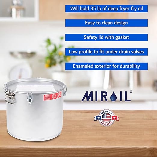 MirOil 5 Gallon Oil Grease Bucket & Filter Pot – Silver Fryer Container with Lid Lock & Lock Clip - Low Profile Hot Grease Collection Pot for Disposal Under Drain Valves – Model #40L