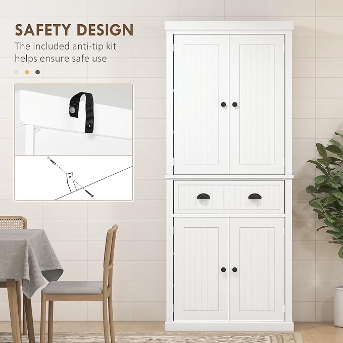 HOMCOM 72" Kitchen Pantry Cabinet, Freestanding Tall Storage Cabinet, Traditional Kitchen Cabinet with 4 Doors, Drawer and 3 Adjustable Shelves for Dining Room, White
