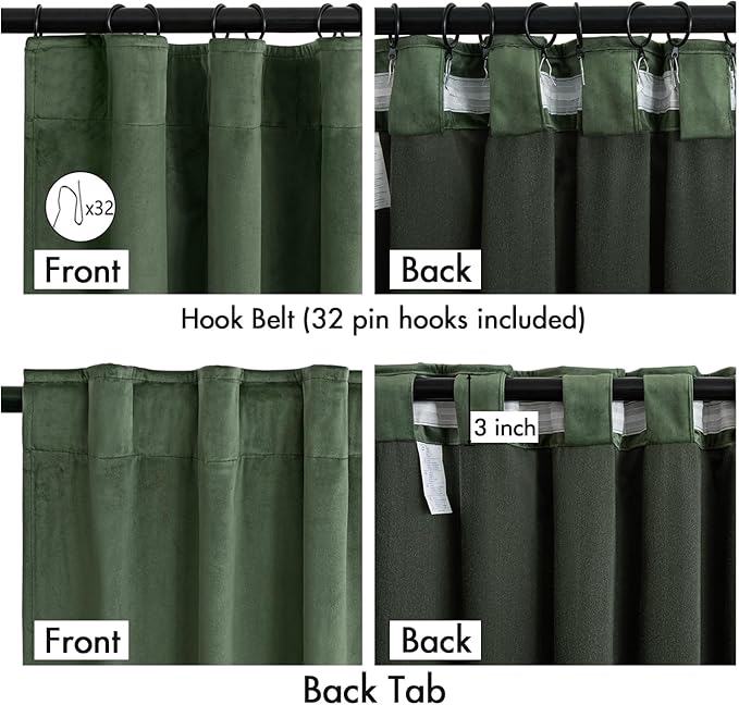 MIULEE Velvet Curtains 108 Inch Length 2 Panels Set for Bedroom, Pinch Pleat Back Tab Luxury Thermal Insulated Living Room Darkening Pleated Blackout Extra Long Window Curtains with Hooks Olive Green