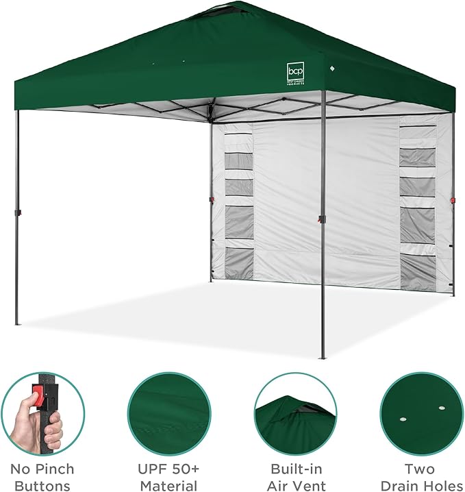 Best Choice Products 10x10ft Easy Pop Up Canopy w/Side Wall, 10 Pockets, Portable Carrying Case, 1-Button Setup, 4 Weight Bags - Forest Green