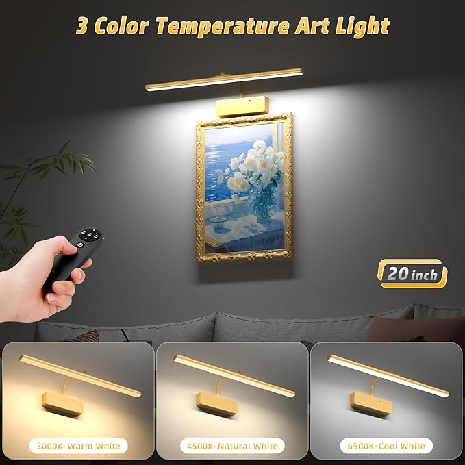Lightbiz Picture Light, 20inch 6000mAh Rechargeable Picture Lights for Wall Battery Operated Wall Lights with Remote, 3 Colors Paintings Light Dimmable Art Light for Artwork, Gallery (Gold)